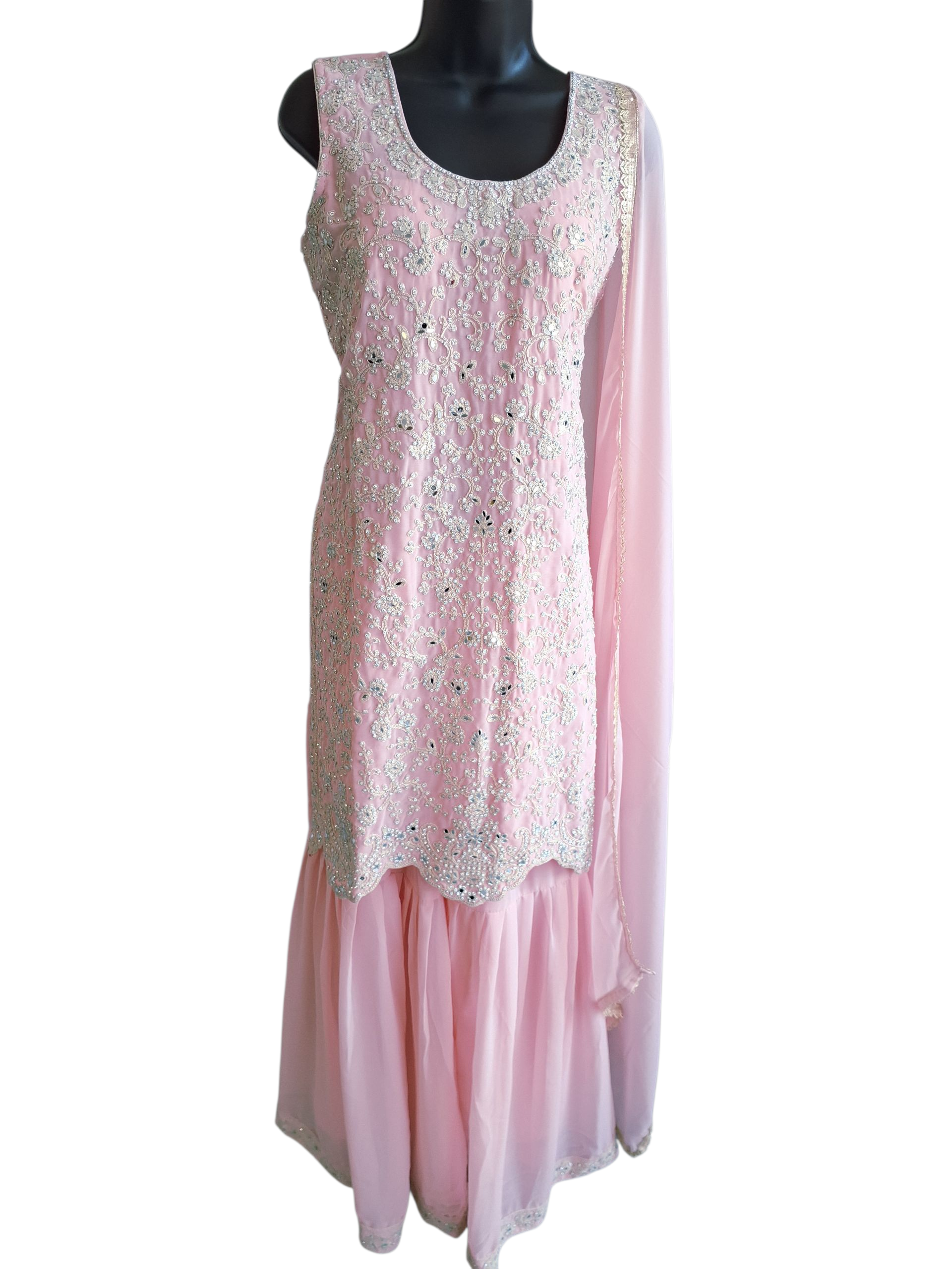 Light peachy Pink Embroidered Sharara Suit, size 40