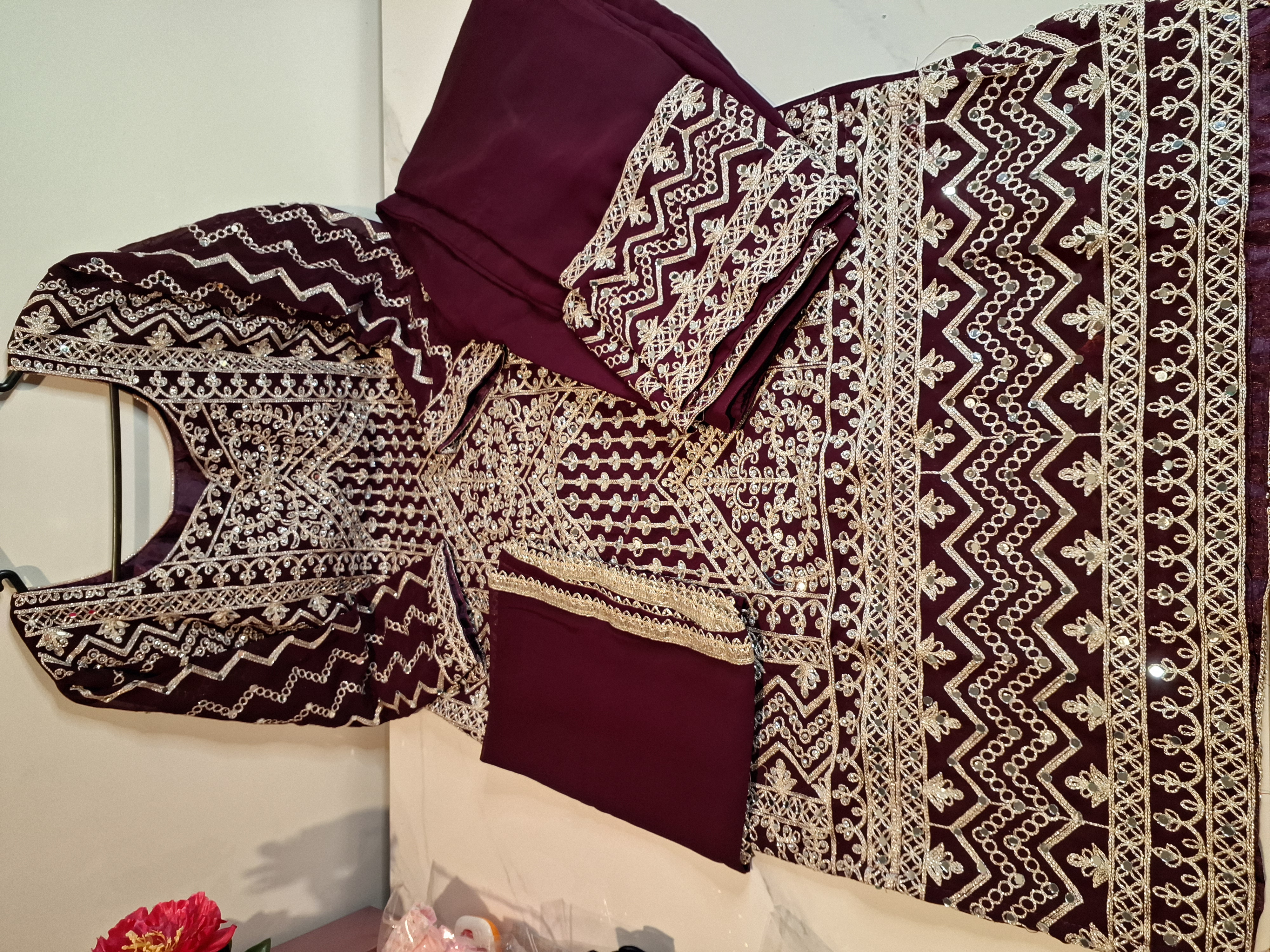 Wine Pakistani style palazzo pant suit, size 40