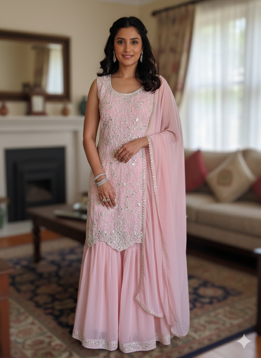 Light peachy Pink Embroidered Sharara Suit, size 40