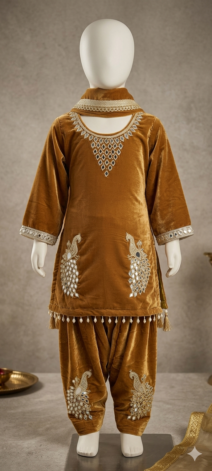 Embroidered Brown Velvet Kids salwar suit, size 20 to 38