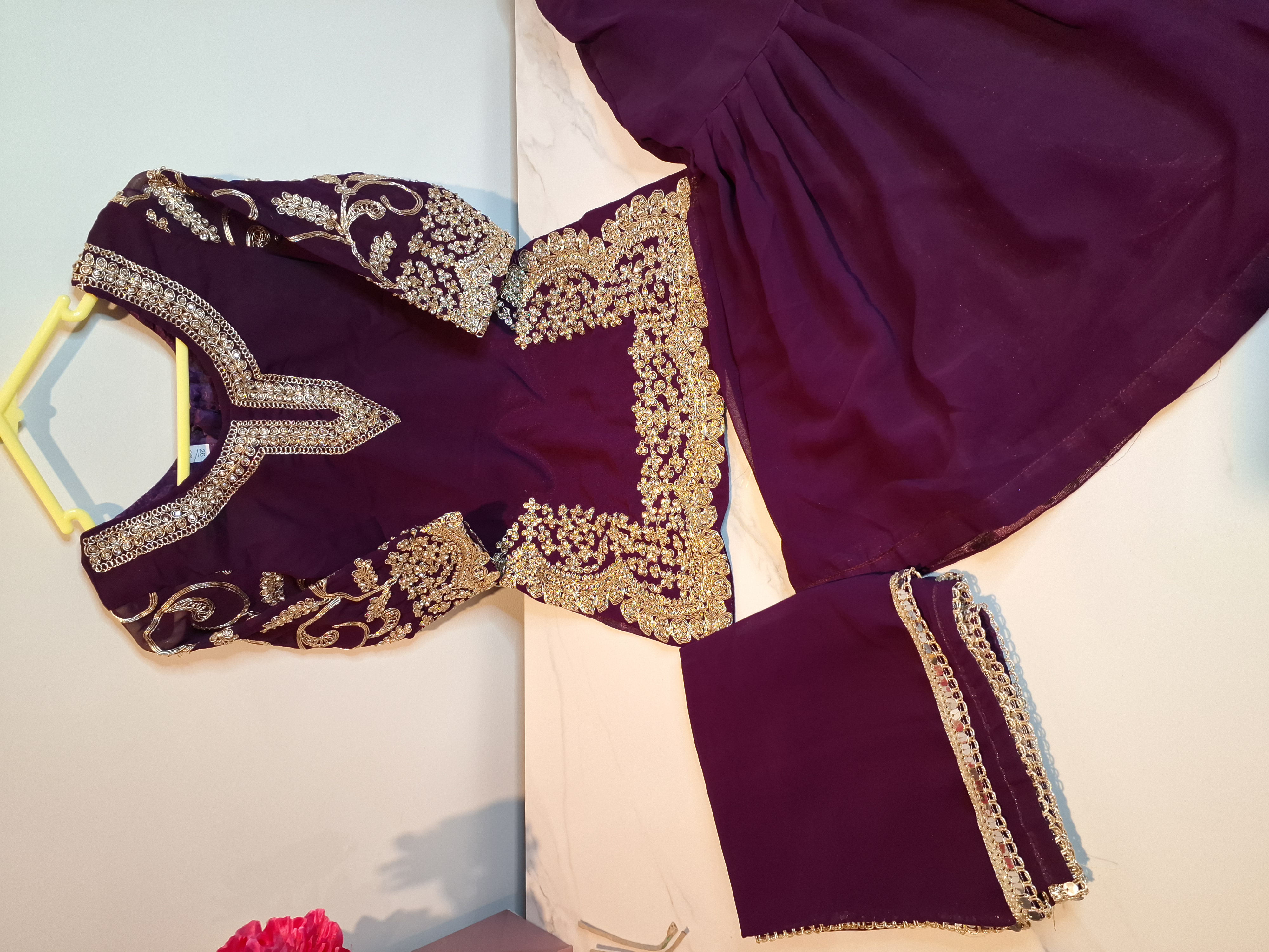 Wine Color, kids Embroidered sharara suit, sizes 26, 28, 30, 32 and 34