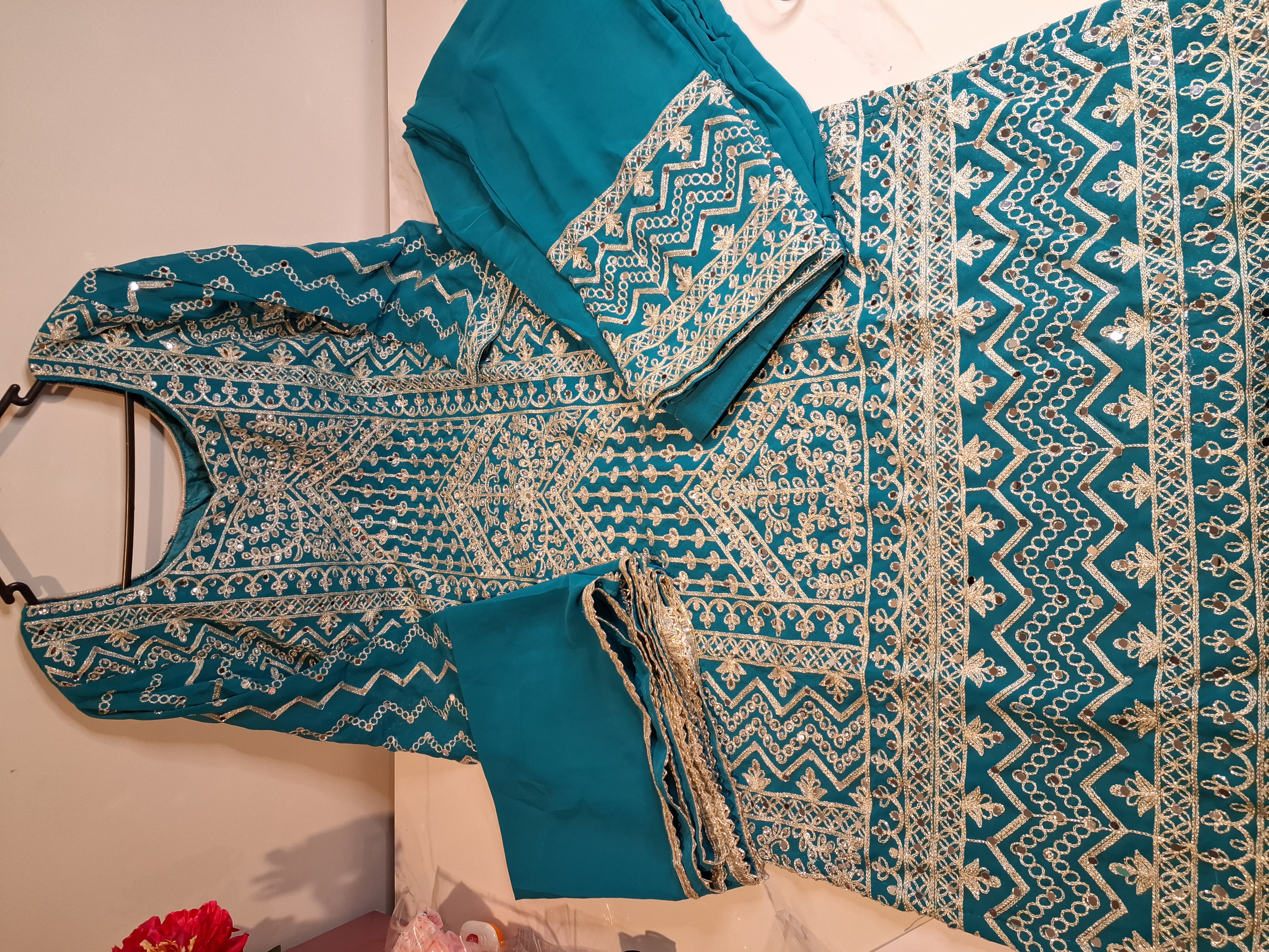 Firoji color, Pakistani style palazzo pant suit, size 40