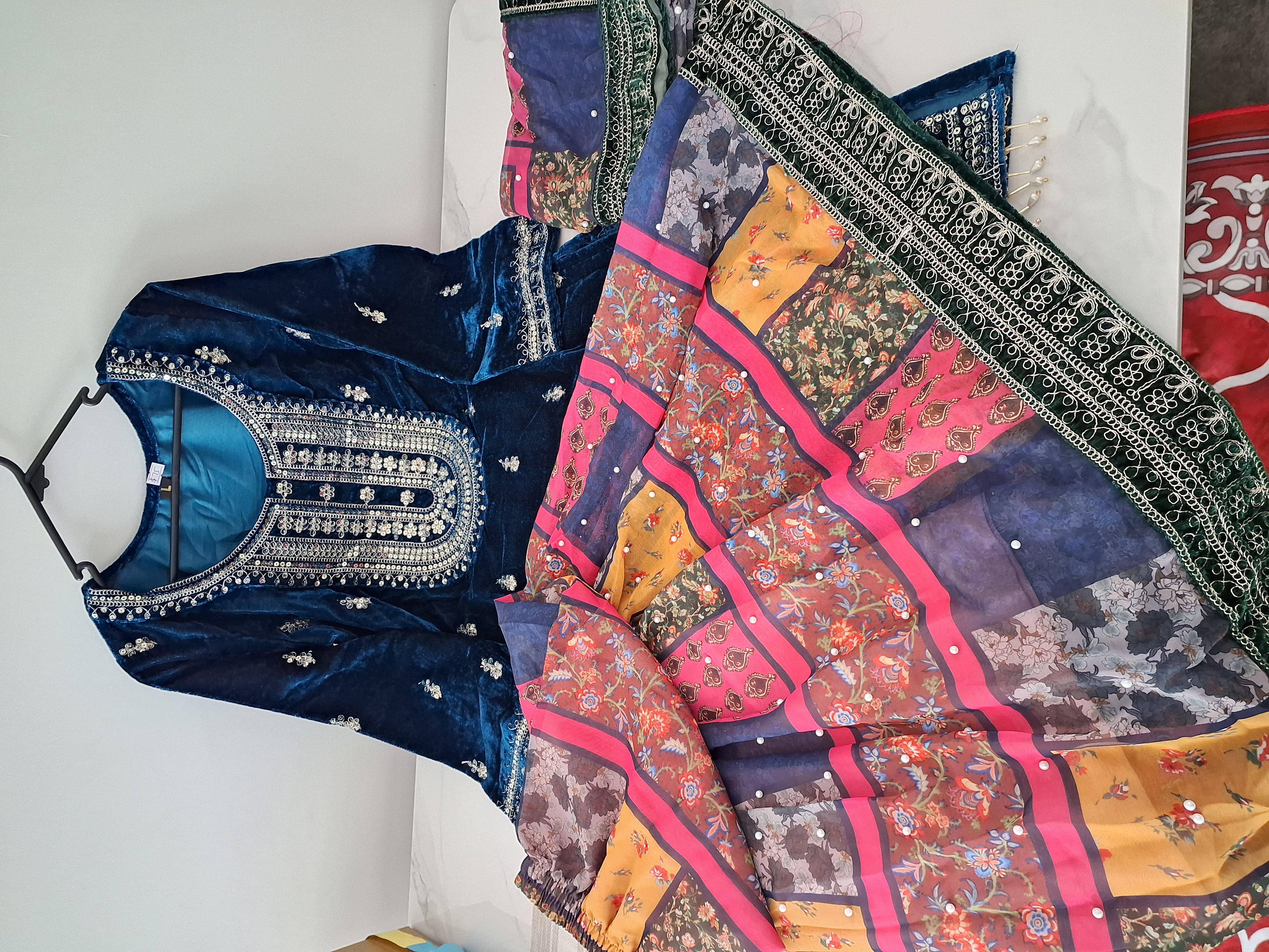 Velvet suit with Georgette sharara, size 40 ready 