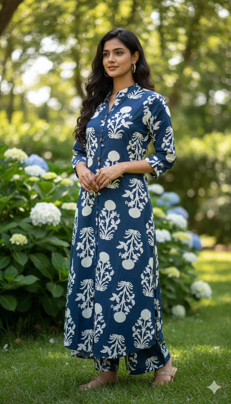 Blue Floral Print Kurta Set, size 40