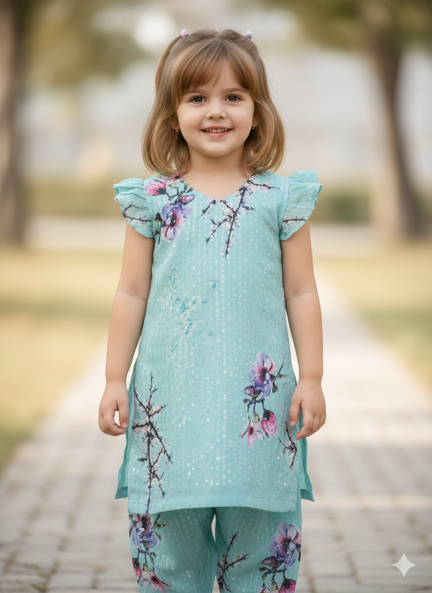 Floral Print Light Blue Salwar Suit, Size 22 (3 years)