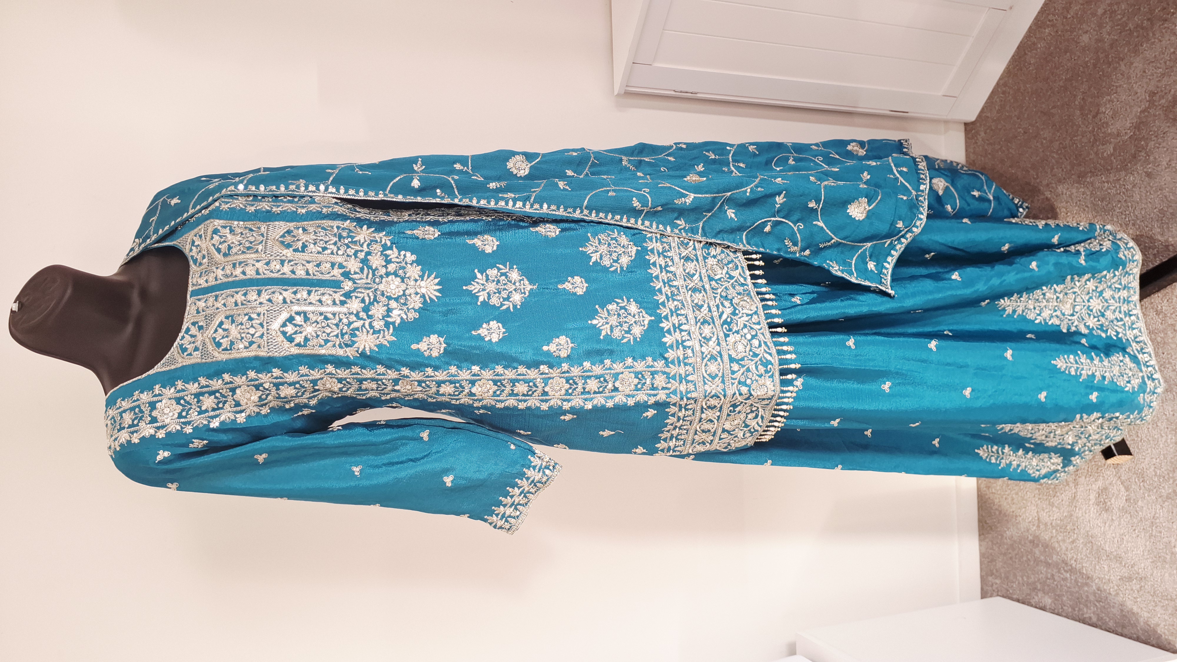 Embroidered Teal lehanga look palazzo, size 40