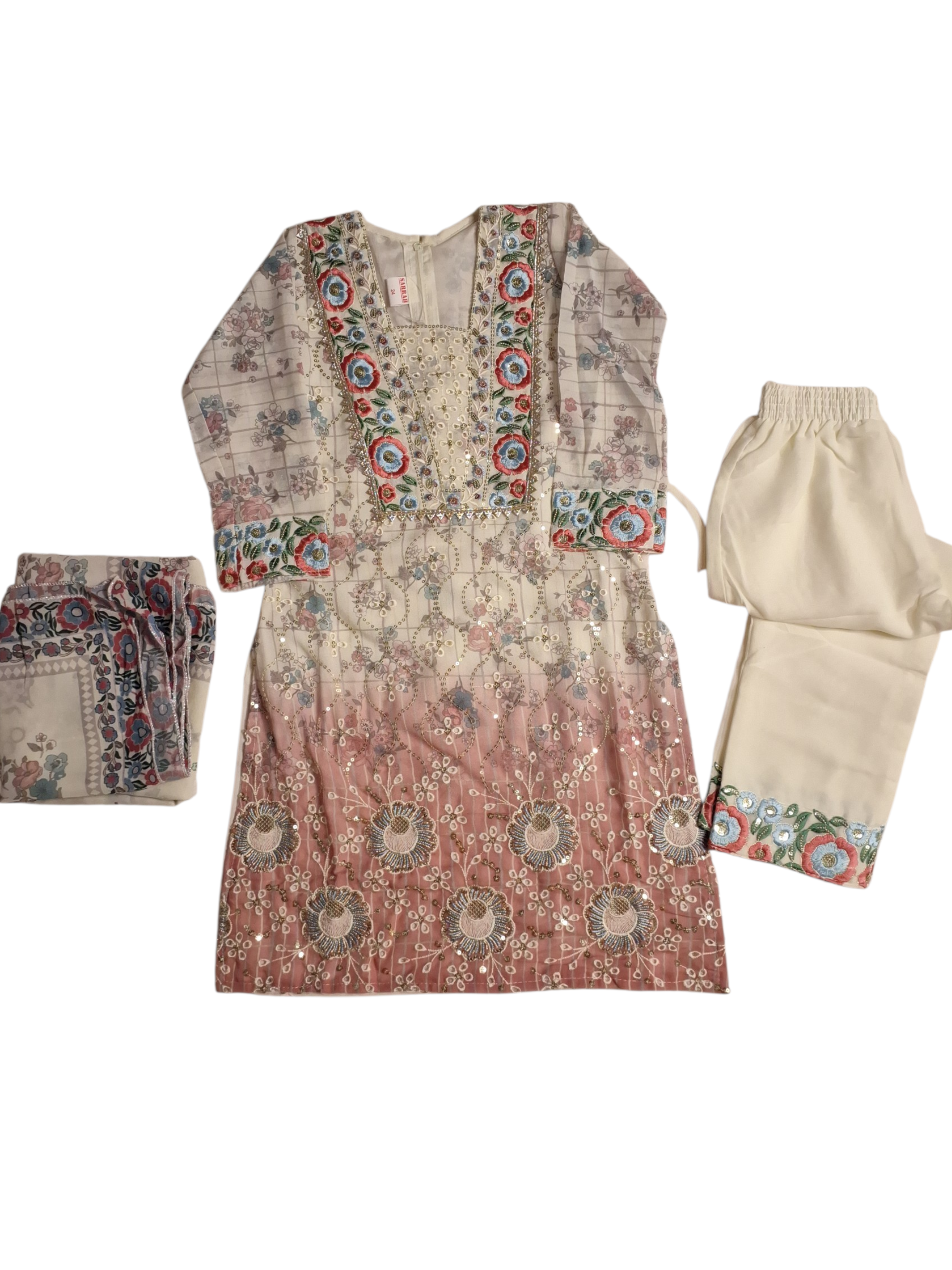 Elegant Off-White Floral Georgette Plazzo pant Suit size 24 and 26