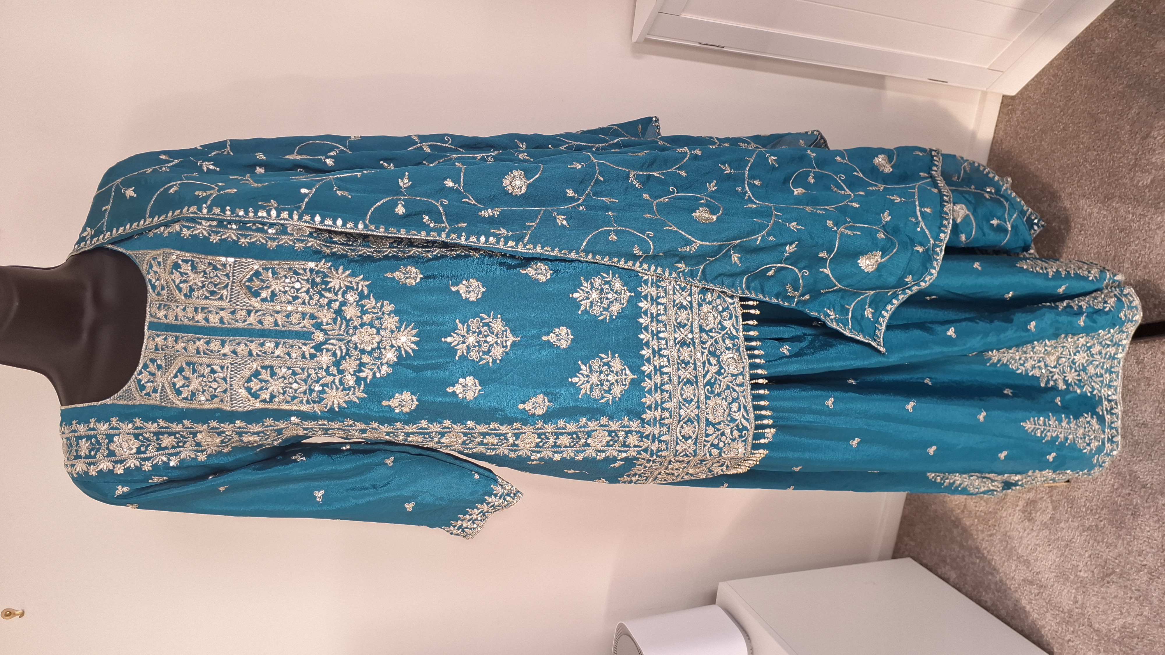 Embroidered Teal lehanga look palazzo, size 40