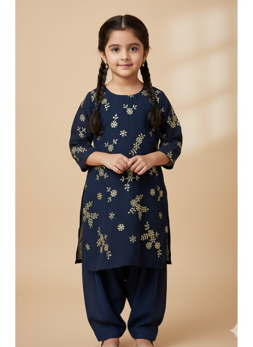 Navy Blue Embroidered Salwar suit, Size 24 (4 Years)