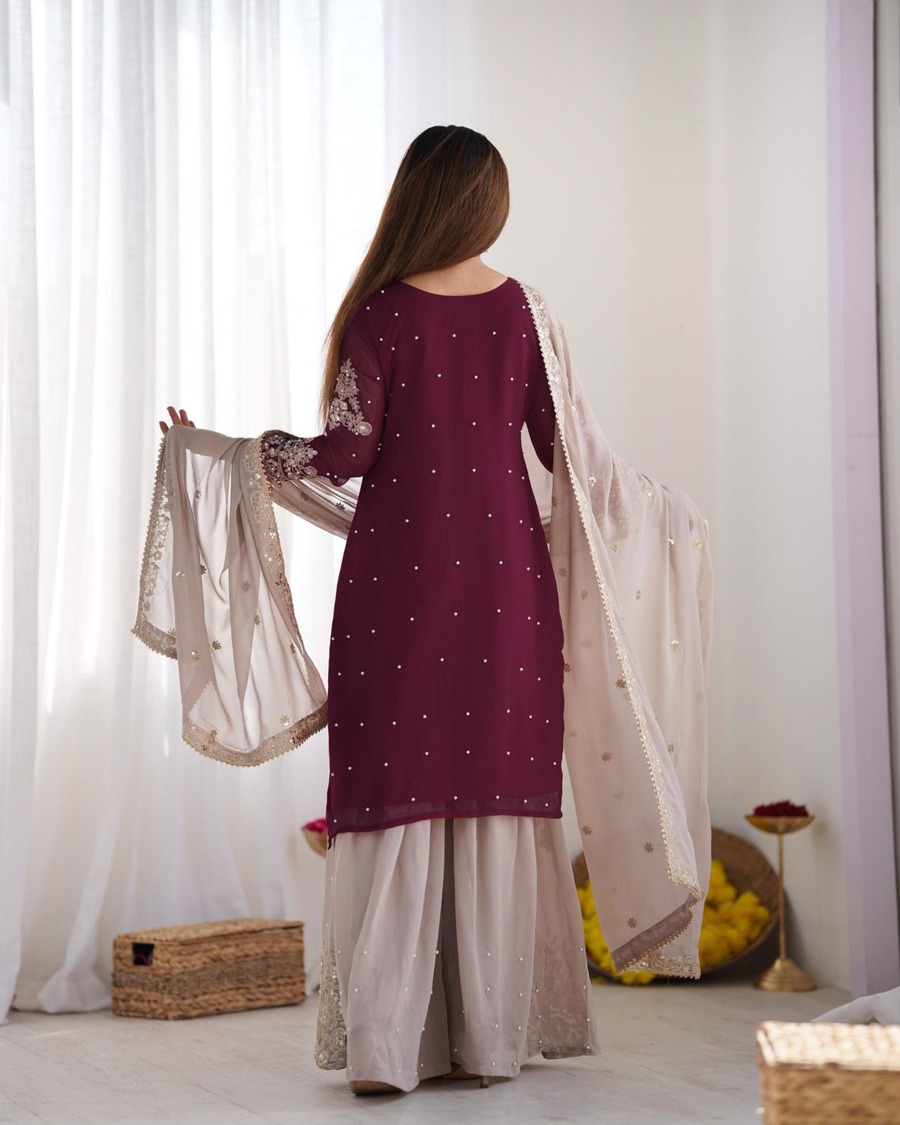 Wine and beige colored Garara suit, size 38, 44, 46, 48 and 50