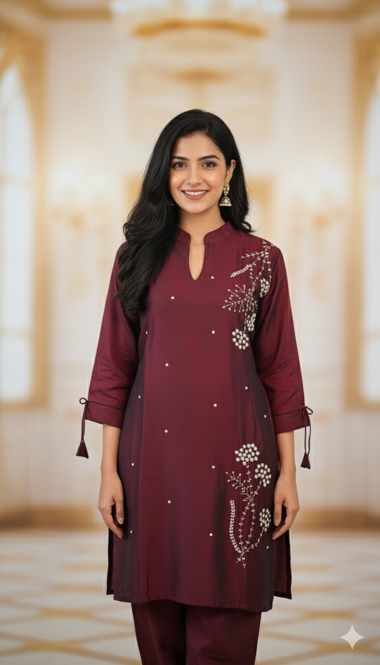 Hand Embroidered dark Maroon coord set size 40 and 42