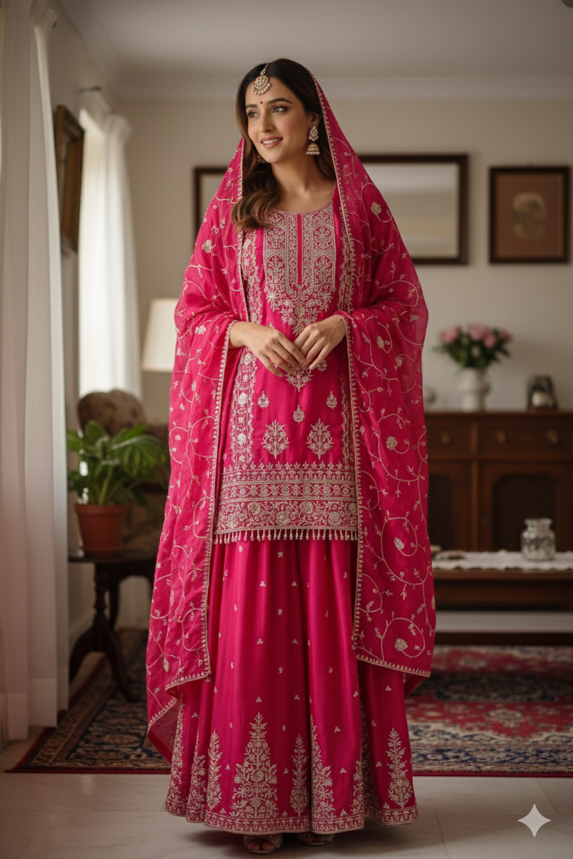 Embroidered magenta/ hot pink  lehanga look palazzo, size 40