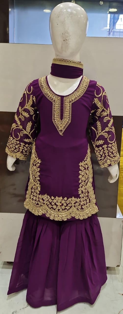 Wine Color, kids Embroidered sharara suit, sizes 26, 28, 30, 32 and 34