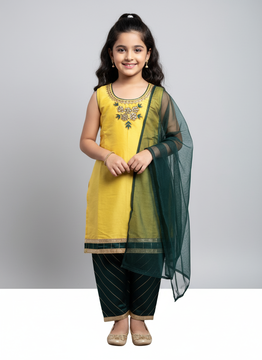 Yellow and Green Salwar Kameez, size 22 (3 years)