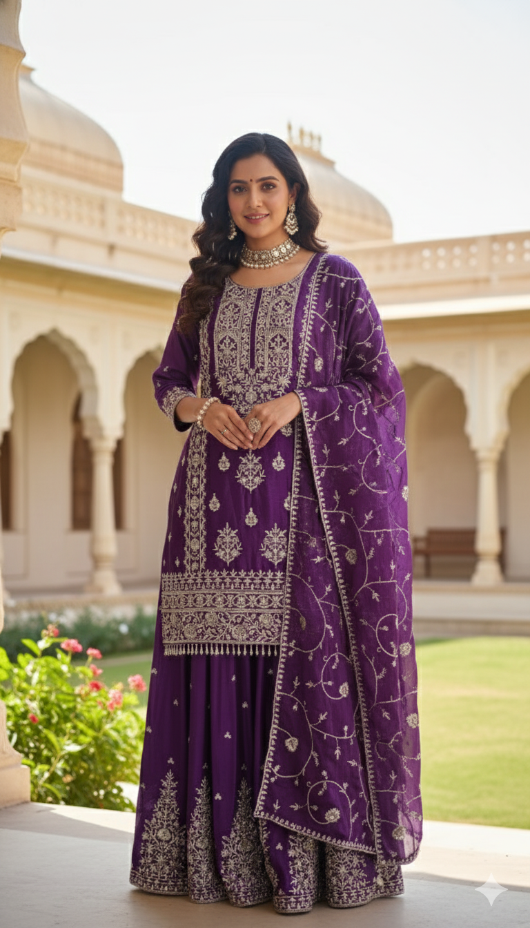 Embroidered purple lehanga look palazzo, size 40