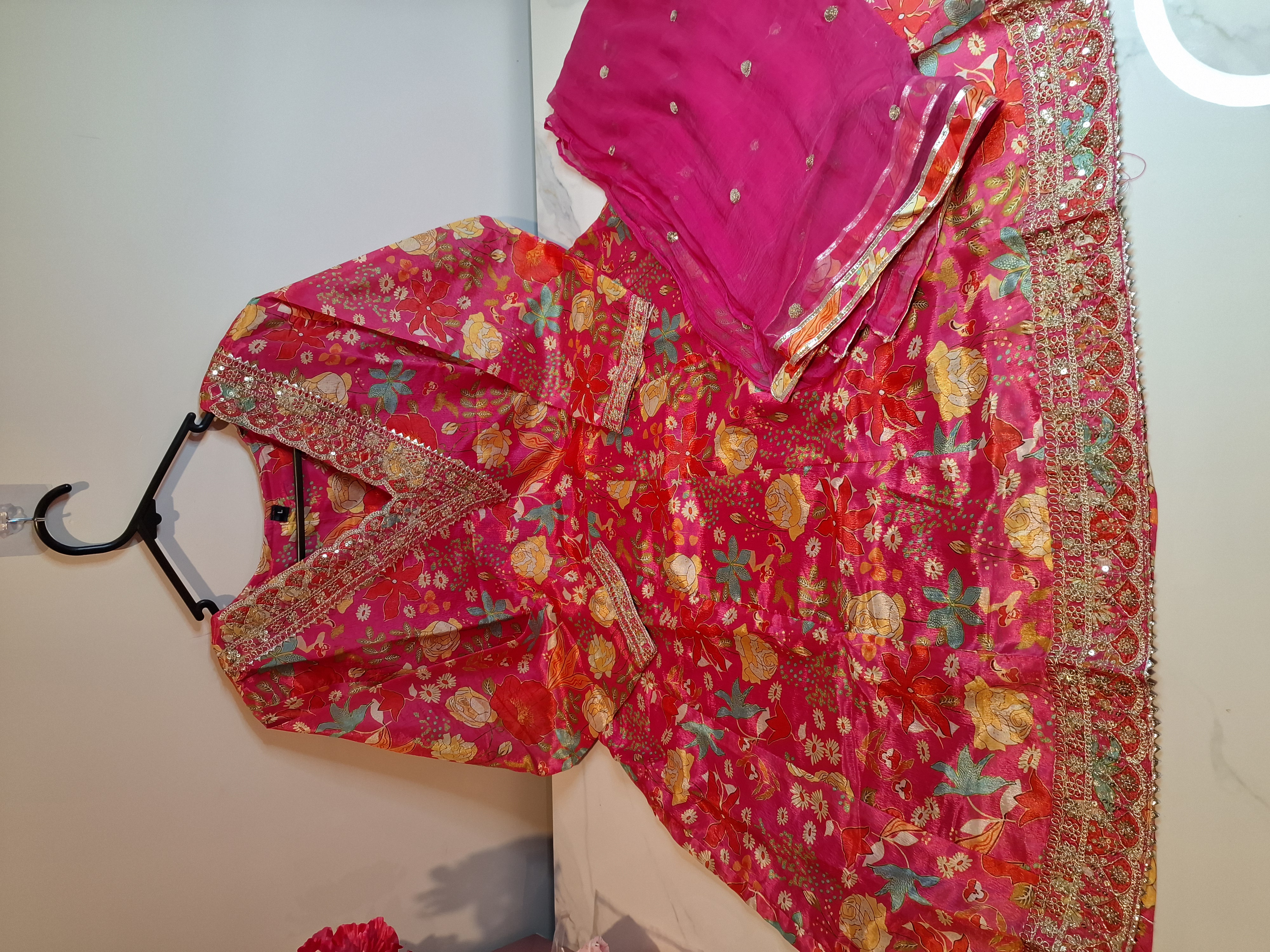 Pink with Multicolor peplum Sharara suit, size 42