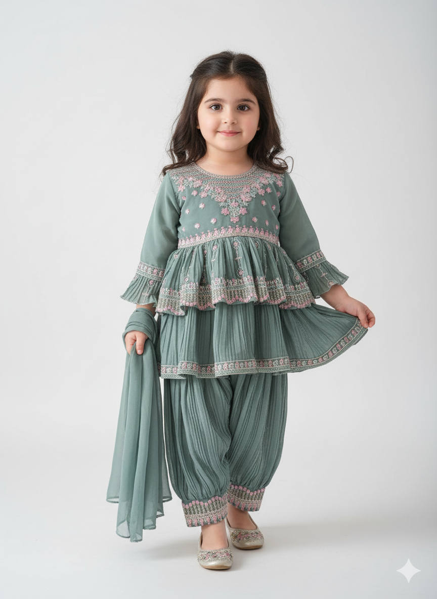 Embroidered Afghani Salwar suit with Flair kurti, Size 24 (4 years), 28 (7 years)
