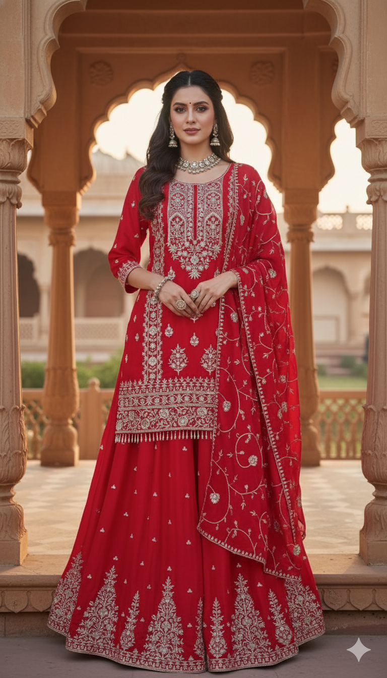 Embroidered Red lehanga look palazzo, size 40