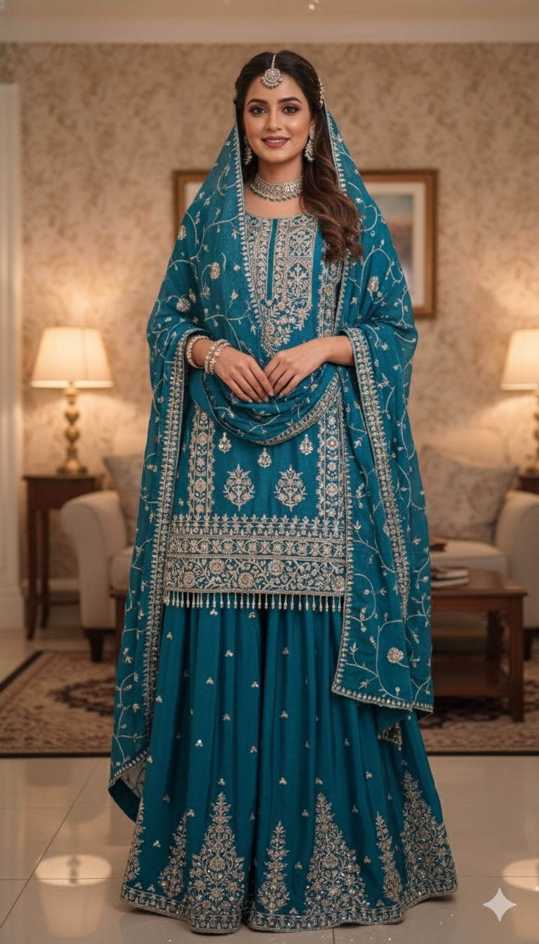 Embroidered Teal lehanga look palazzo, size 40