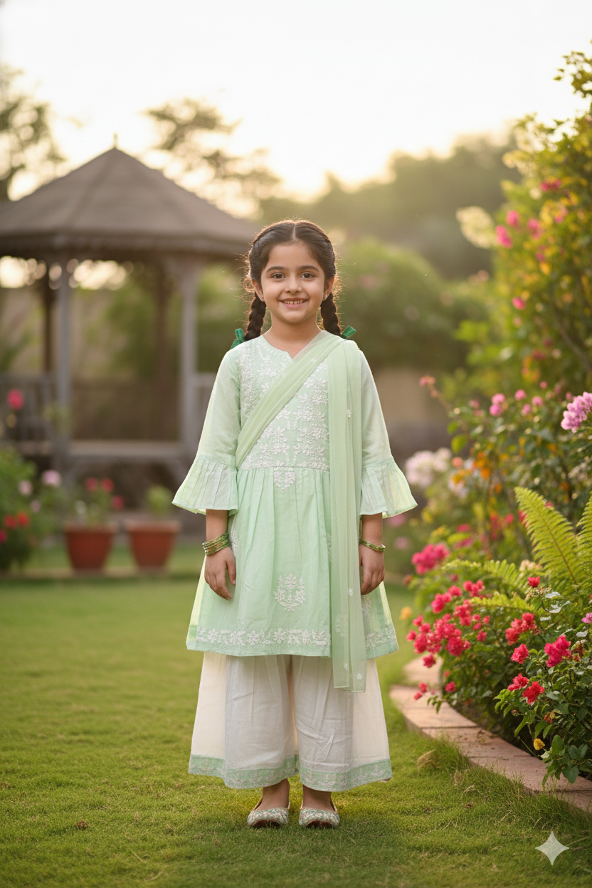 Girls' Mint Green cotton short anarkali with garara size 30