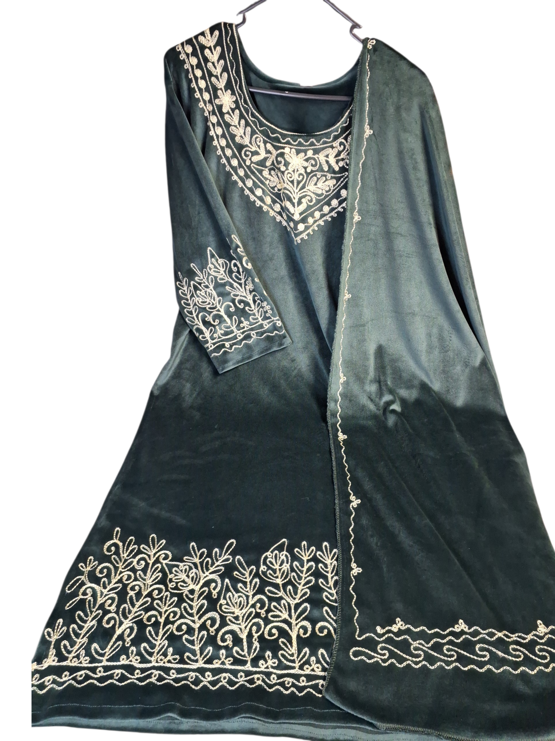 Embroidered Bottle green Velvet Suit Set size 42-44 