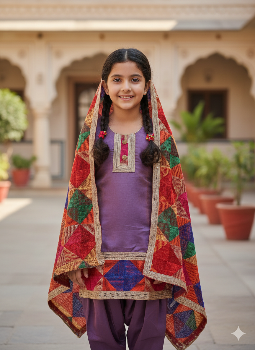 Beautiful Fulkari Salwar suit, Size 20 (2 years), 22 (3 years), 24 (4 years)