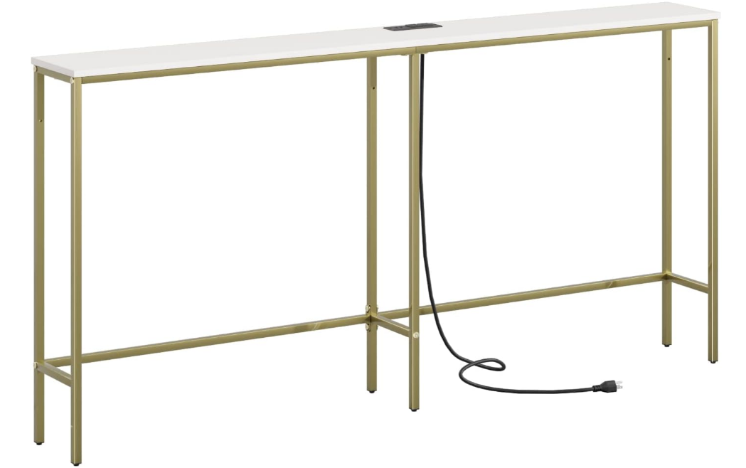 Table with Power Outlets, Narrow Long Wood Behind Sofa Table, Industrial Modern Metal Side Table for Entryway, Living Room (Classic White, 8" W x 60.8" L x 31.7" H)