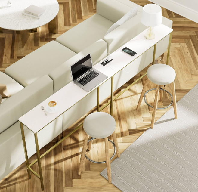 Table with Power Outlets, Narrow Long Wood Behind Sofa Table, Industrial Modern Metal Side Table for Entryway, Living Room (Classic White, 8" W x 60.8" L x 31.7" H)