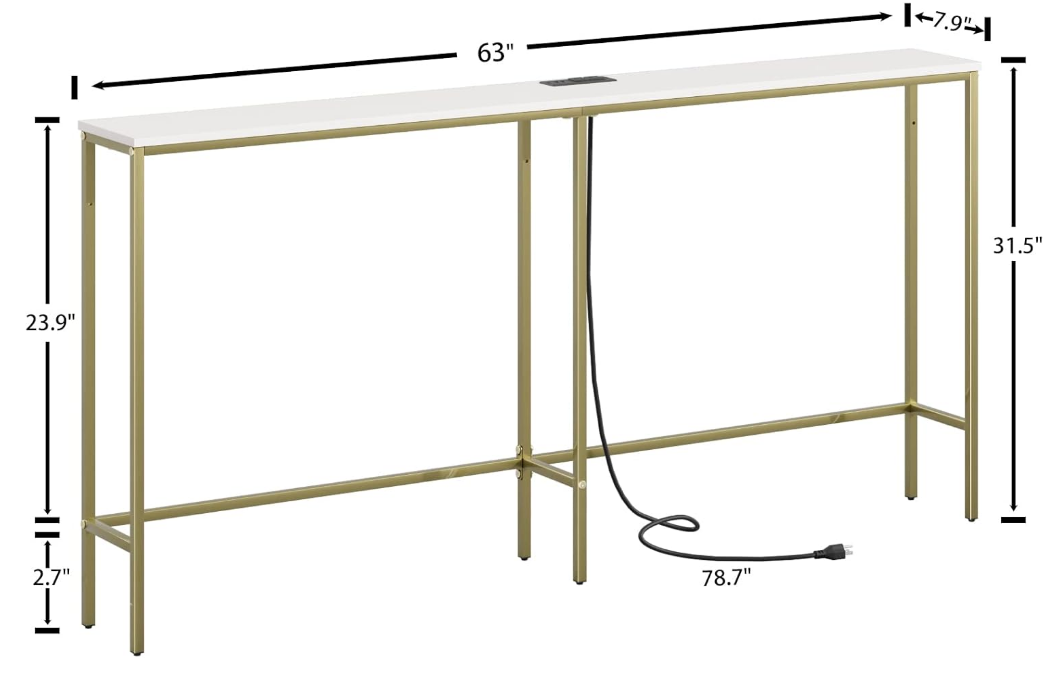 Table with Power Outlets, Narrow Long Wood Behind Sofa Table, Industrial Modern Metal Side Table for Entryway, Living Room (Classic White, 8" W x 60.8" L x 31.7" H)