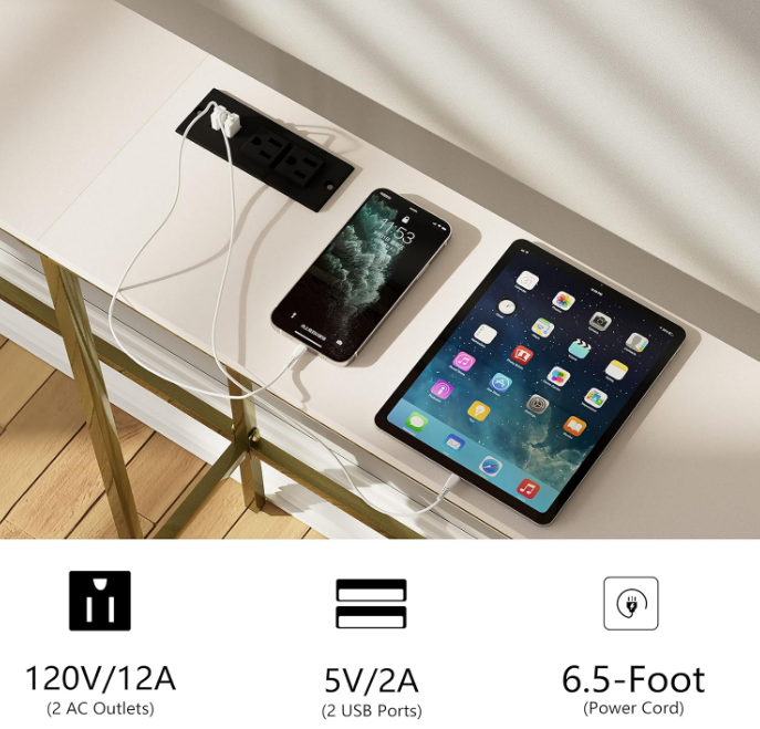 Table with Power Outlets, Narrow Long Wood Behind Sofa Table, Industrial Modern Metal Side Table for Entryway, Living Room (Classic White, 8" W x 60.8" L x 31.7" H)