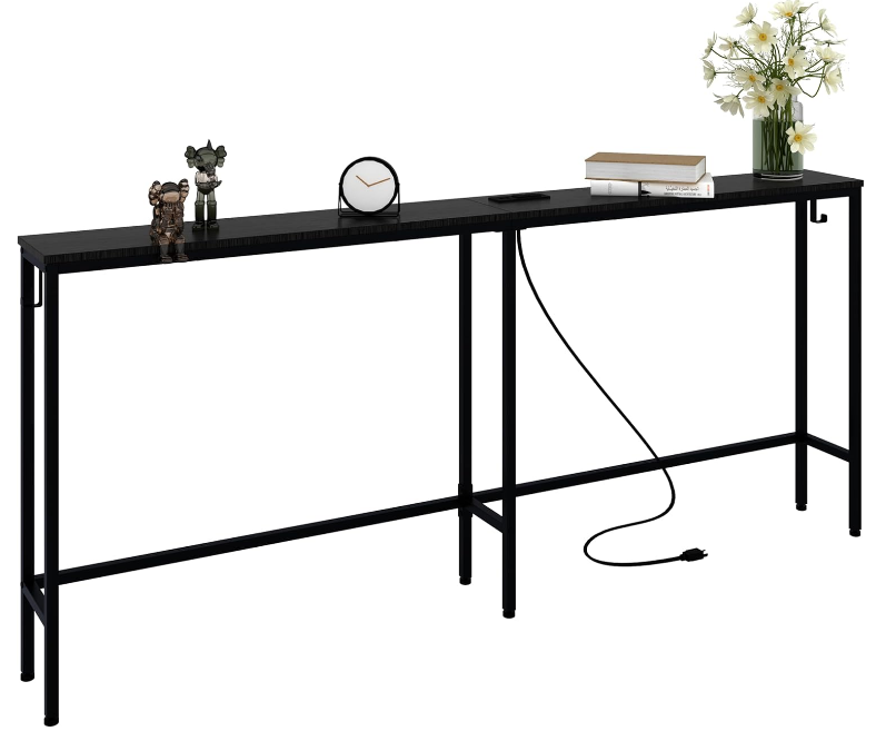 70 Inch Narrow Console Table with Outlet, Skinny Sofa Table Narrow Long Behind Couch, Industrial Narrow Table with Hooks for Hallway, Entryway and Living Room, Black