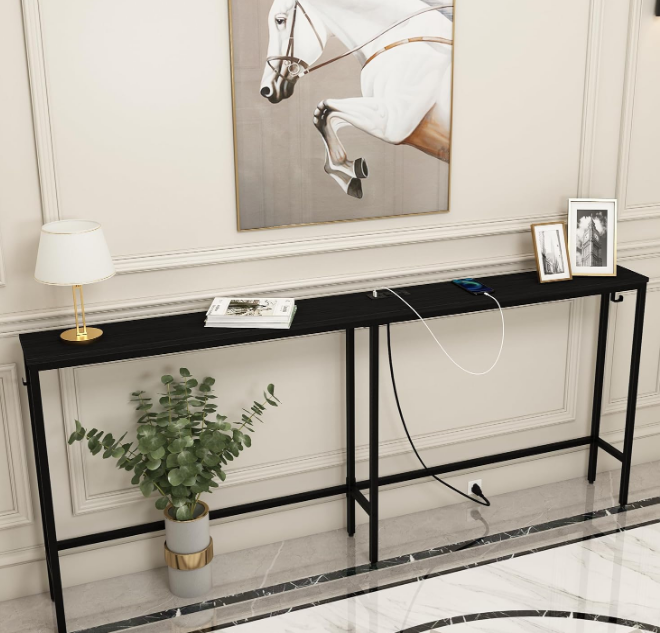 70 Inch Narrow Console Table with Outlet, Skinny Sofa Table Narrow Long Behind Couch, Industrial Narrow Table with Hooks for Hallway, Entryway and Living Room, Black