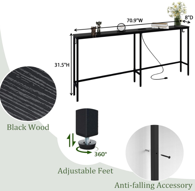 70 Inch Narrow Console Table with Outlet, Skinny Sofa Table Narrow Long Behind Couch, Industrial Narrow Table with Hooks for Hallway, Entryway and Living Room, Black