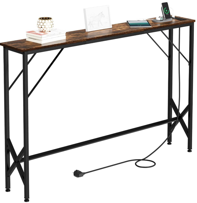 NEFROM Entryway Table, Skinny Console Table with Charging Station, Narrow Long Sofa Table, Behind Slim Couch Table for Entrance, Hallway, Living Room Decor