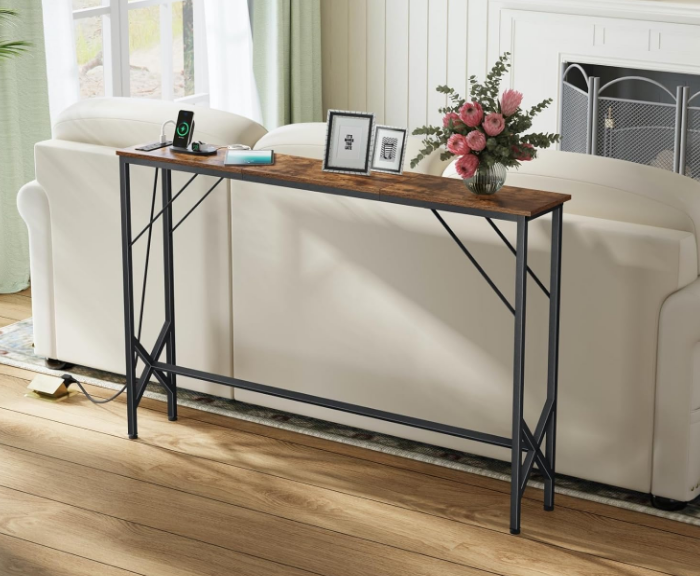 NEFROM Entryway Table, Skinny Console Table with Charging Station, Narrow Long Sofa Table, Behind Slim Couch Table for Entrance, Hallway, Living Room Decor