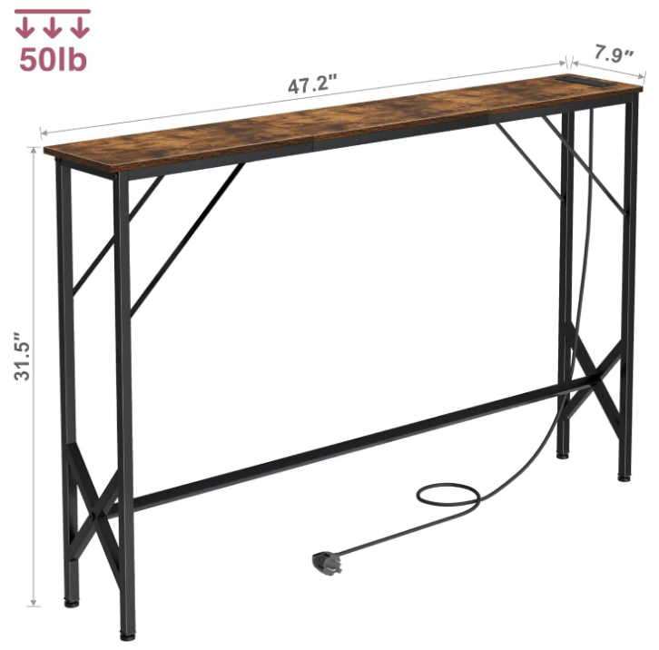 NEFROM Entryway Table, Skinny Console Table with Charging Station, Narrow Long Sofa Table, Behind Slim Couch Table for Entrance, Hallway, Living Room Decor