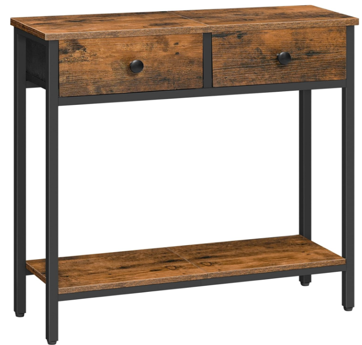 29.5" Narrow Console Table with 2 Fabric Drawers, Small Entryway Table with 2-Tier Storage Shelves, Thin Sofa Table, Side Table, for Living Room, Hallway, Rustic Brown and Black