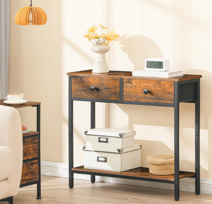 29.5" Narrow Console Table with 2 Fabric Drawers, Small Entryway Table with 2-Tier Storage Shelves, Thin Sofa Table, Side Table, for Living Room, Hallway, Rustic Brown and Black
