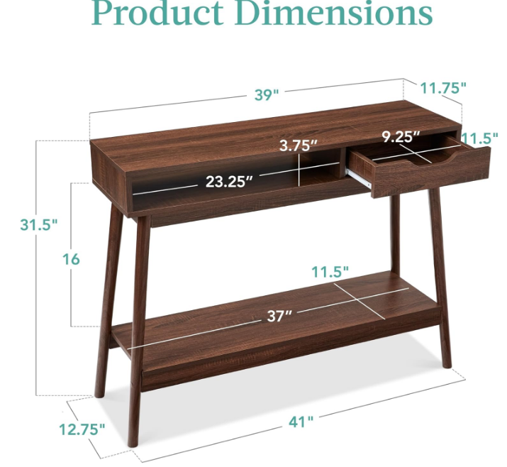 Mid-Century Modern Console Table, Sofa Table, Accent Furniture for Hallway, Living Room, Entryway Foyer Space-Saving w/Cubby, Drawer, Lower Storage Shelf - Walnut