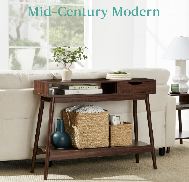 Mid-Century Modern Console Table, Sofa Table, Accent Furniture for Hallway, Living Room, Entryway Foyer Space-Saving w/Cubby, Drawer, Lower Storage Shelf - Walnut