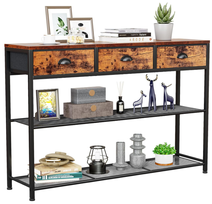 Entryway Table, 38'' Console Sofa Table with 3 Fabric Drawers, Industrial Entry Way Table with Storage Shelves, Display Shelf for Living Room, Hallway, Entrance, Foyer, Rustic Brown
