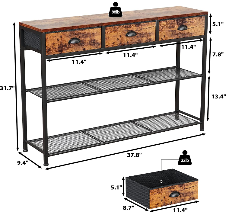 Entryway Table, 38'' Console Sofa Table with 3 Fabric Drawers, Industrial Entry Way Table with Storage Shelves, Display Shelf for Living Room, Hallway, Entrance, Foyer, Rustic Brown
