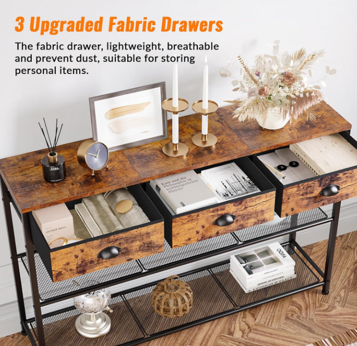 Entryway Table, 38'' Console Sofa Table with 3 Fabric Drawers, Industrial Entry Way Table with Storage Shelves, Display Shelf for Living Room, Hallway, Entrance, Foyer, Rustic Brown