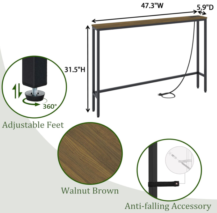 5.9" Skinny Console Table with Outlet, 47" Sllm Sofa Table Behind Couch, Narrow Console Table with Charging Station for Entryway, Hallway and Living Room