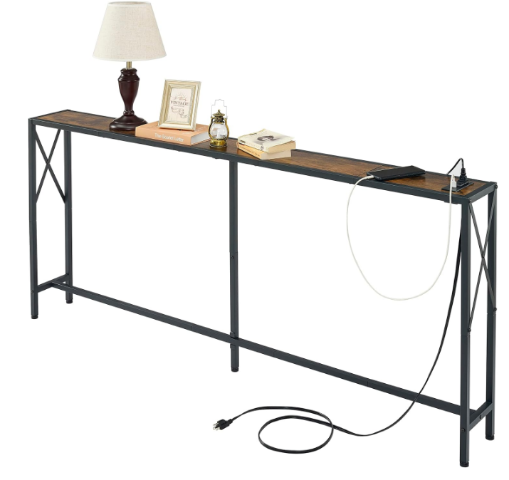 Console Table with 2 AC Oulets & 2 USB Ports, Narrow Sofa Table, Entryway Table, Industrial Sofa Table for Hallway, Living Room, Bedroom, Long Console Table, 6.5 Feet Power Cord
