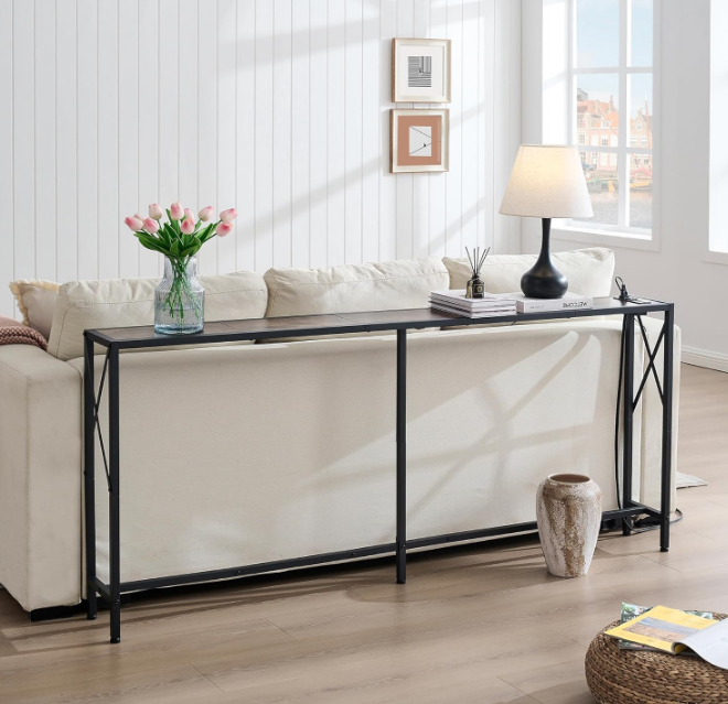 Console Table with 2 AC Oulets & 2 USB Ports, Narrow Sofa Table, Entryway Table, Industrial Sofa Table for Hallway, Living Room, Bedroom, Long Console Table, 6.5 Feet Power Cord