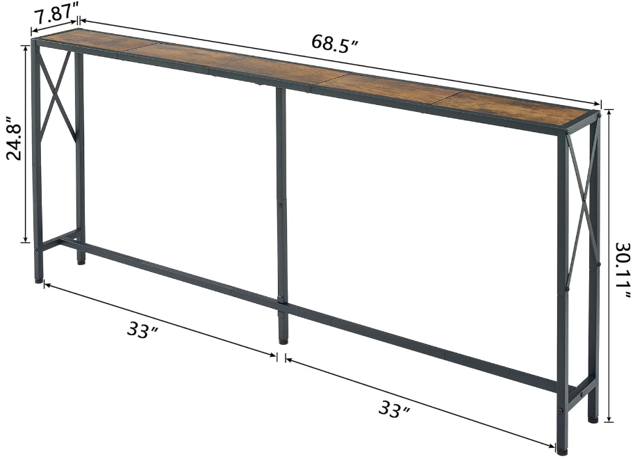 Console Table with 2 AC Oulets & 2 USB Ports, Narrow Sofa Table, Entryway Table, Industrial Sofa Table for Hallway, Living Room, Bedroom, Long Console Table, 6.5 Feet Power Cord
