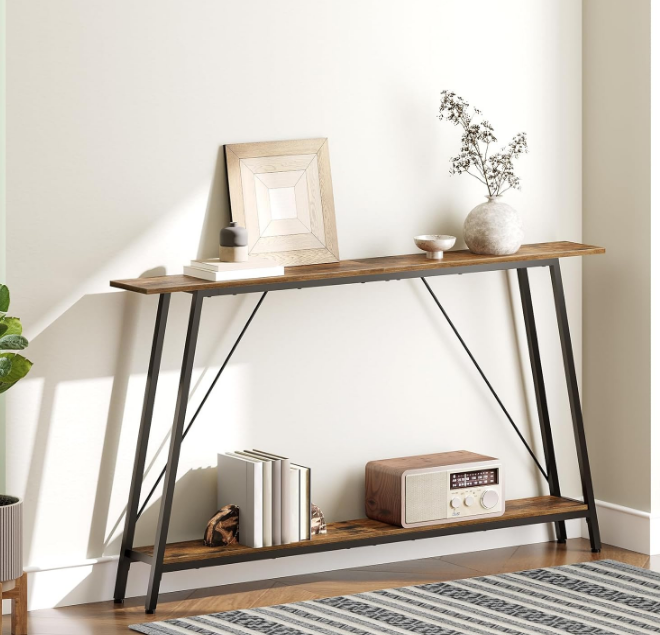55" Narrow Console Table, Long Skinny Sofa Tables, Industrial Entryway Table, Behind Couch Table Skinny, 2-Layer Hallway Table for Entryway, Living Room, Foyer, Rustic Brown and Black