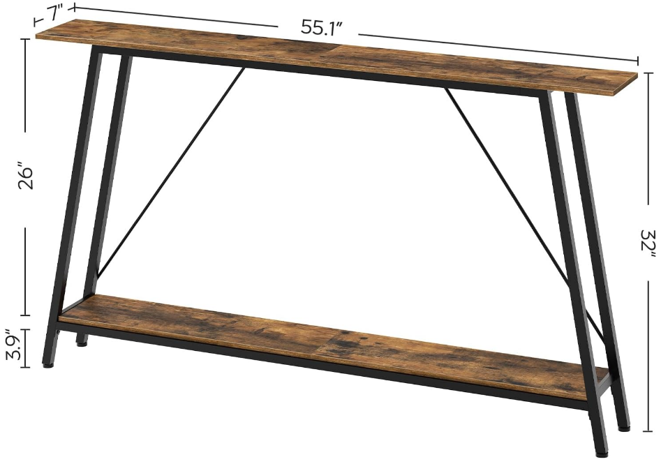 55" Narrow Console Table, Long Skinny Sofa Tables, Industrial Entryway Table, Behind Couch Table Skinny, 2-Layer Hallway Table for Entryway, Living Room, Foyer, Rustic Brown and Black