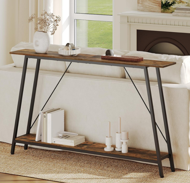 55" Narrow Console Table, Long Skinny Sofa Tables, Industrial Entryway Table, Behind Couch Table Skinny, 2-Layer Hallway Table for Entryway, Living Room, Foyer, Rustic Brown and Black